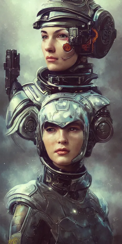 Image similar to retro futuristic female armed soldier portrait with open fractal ornate helmet, highly detailed, cinematic, 8k, by Stanley Artgermm, Tom Bagshaw, Greg Rutkowski, Vincent di Fate, Carne Griffiths, Ayami Kojima, trending on DeviantArt, hyper detailed, full of color, digital art,