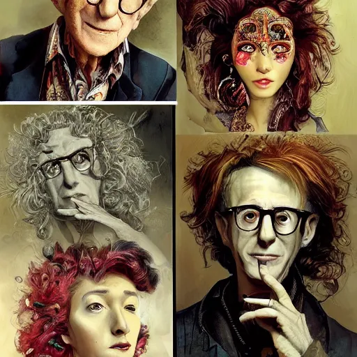 Image similar to portrait of woody allen, headshot, insanely nice hair style, dramatic hair color, digital painting, of a old 17th century, old cyborg merchant, amber jewels, baroque, ornate clothing, scifi, realistic, hyperdetailed, chiaroscuro, concept art, art by Franz Hals and Jon Foster and Ayami Kojima and Amano and Karol Bak,