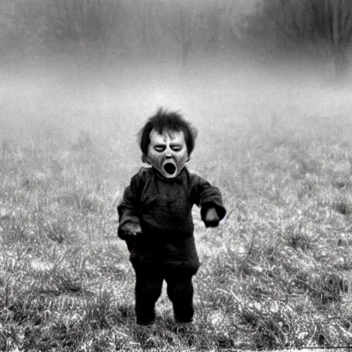 Prompt: A screaming demon child standing in a foggy field. Vintage Associated Press photo.