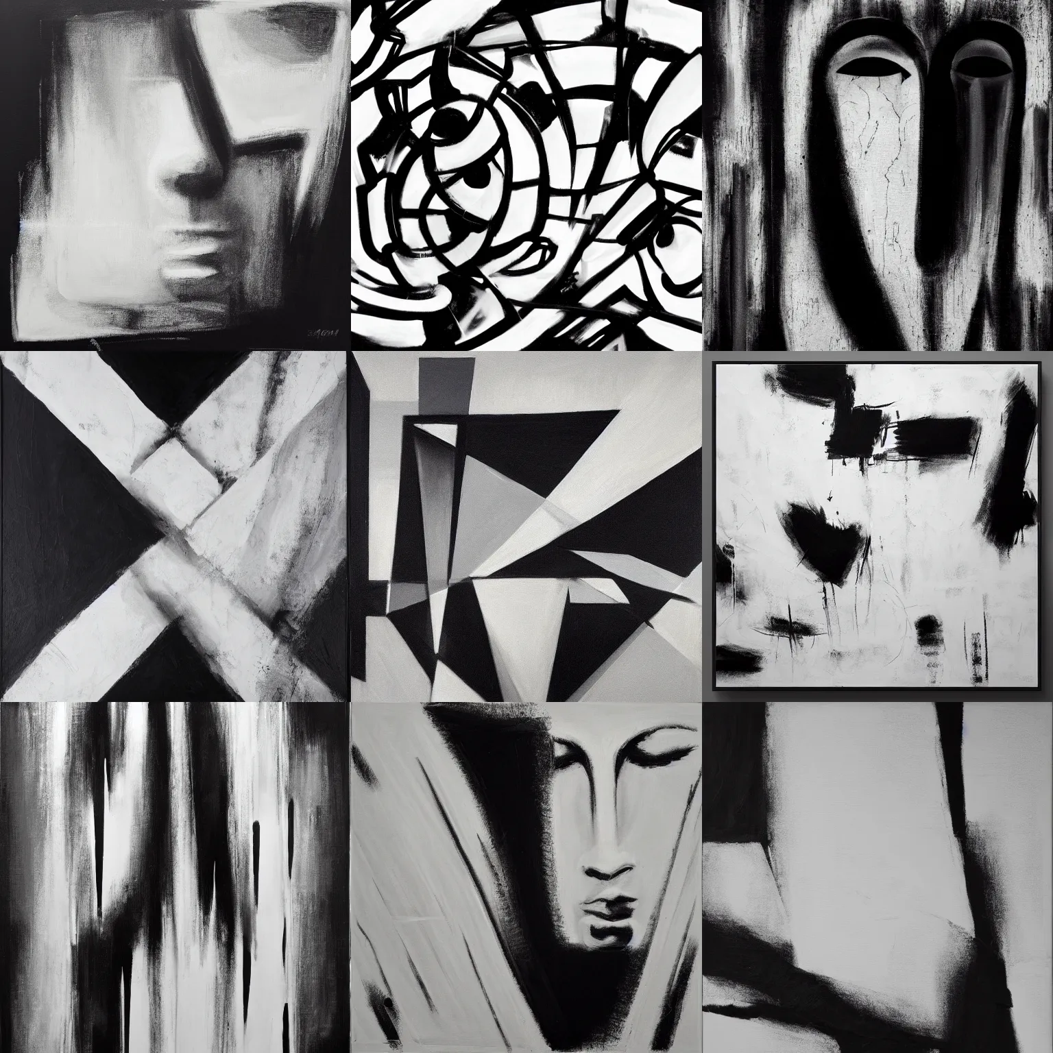 Image similar to a solemn simulacrum, trending on artstation, masterpiece, abstract black and white painting