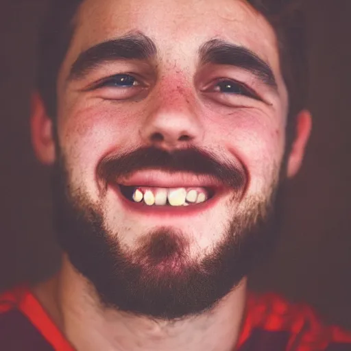 Prompt: realistic photoshoot for a new soccer player, bearded, short hair, brown eyes, maniacal smile, color film photography, portrait of a beautiful person, in style of Campbell Addy, 35mm