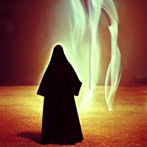 Image similar to a black nun smoking a joint and puffing lots of smoke, by Beksinski, lens flares, minimalistic background