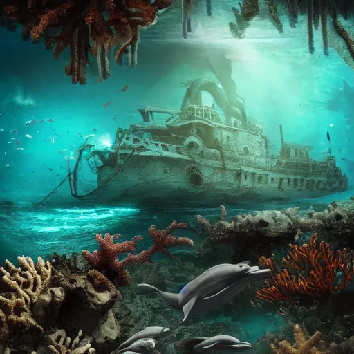 Image similar to underwater shipwreck surrounded by coral and dolphins, shallow depth of field, moody lighting, 8 k, concept art,