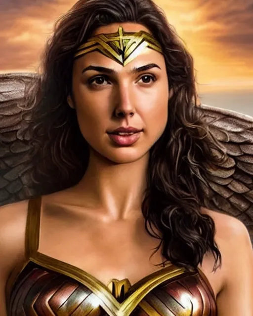 Prompt: gal gadot as a hot Greek goddess in the sky, highly detailed, detailed face, beautiful face, hyper realistic