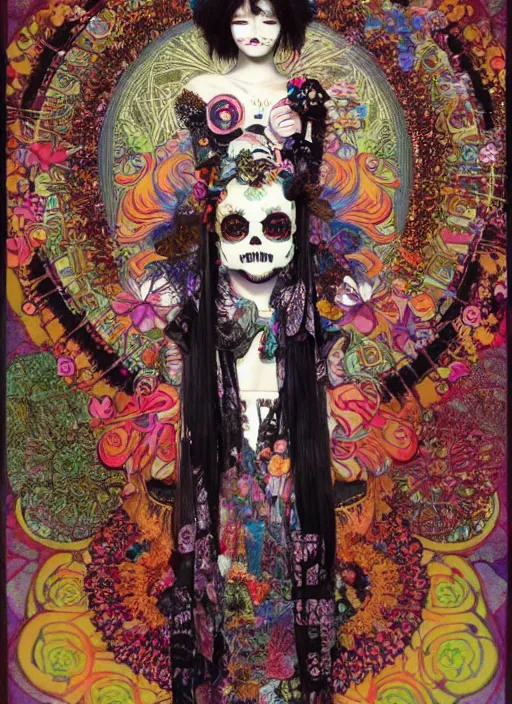 Prompt: cute punk goth fashion hippy fractal Día de los Muertos android girl wearing kimono made of circits posing by Zhang Jingna, psychedelic poster art of by Victor Moscoso Rick Griffin Alphonse Mucha Gustav Klimt Ayami Kojima Amano Charlie Bowater, masterpiece