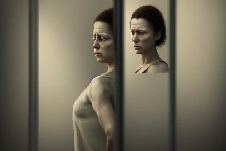 Prompt: an ultra realistic, cinematic, fantasy, portrait, of a woman, looking in mirror at older self, fire, dramatic, soft light, dreamy, facial features, stood in a cell, with prison clothing, detailed, deep focus, movie still, dramatic lighting, ray tracing, by michal karcz and yoshitaka