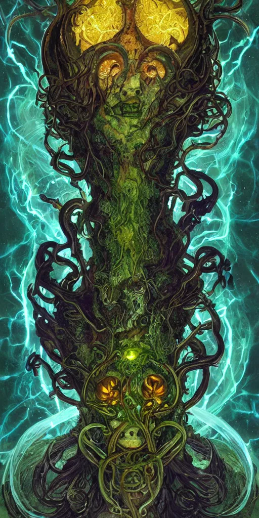 Image similar to intense glowing angry pagan fungus god with horns and tentacles and intense glowing eyes and a mossy skull in very dark cosmic space by karol bak and artgerm and alphonse mucha, portrait, fantasy, clear, light beams, lens flare, intense, uhd, amazing depth, cinematic lighting, deep green and teal and brown and shining gold