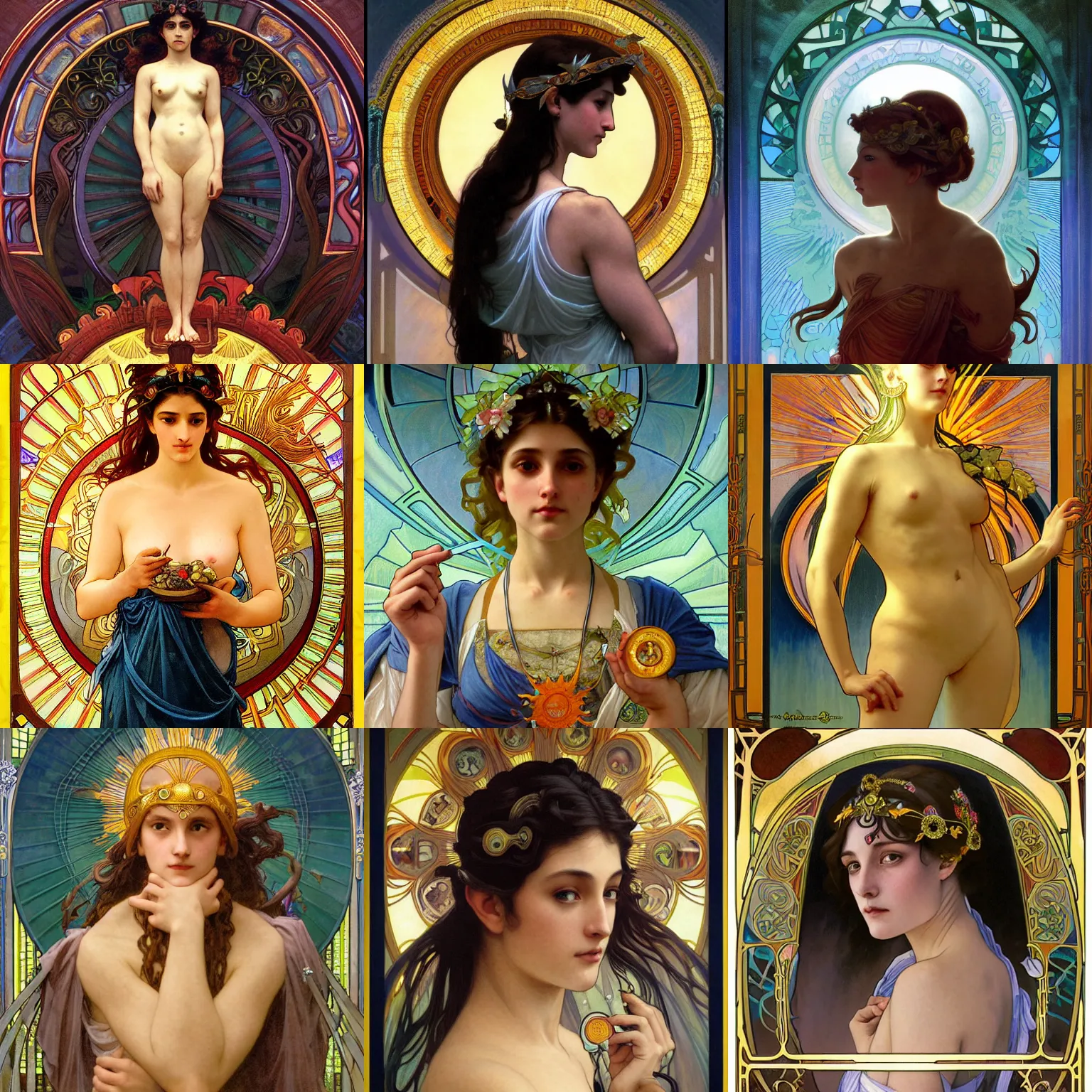 Prompt: stunning, breathtaking, awe-inspiring award-winning concept art nouveau painting of an attractive FamilyMart Employee as the goddess of the sun, with anxious, piercing eyes, by Alphonse Mucha, Michael Whelan, William Adolphe Bouguereau, John Williams Waterhouse, and Donato Giancola, cyberpunk, extremely moody lighting, glowing light and shadow, atmospheric, cinematic, 8K