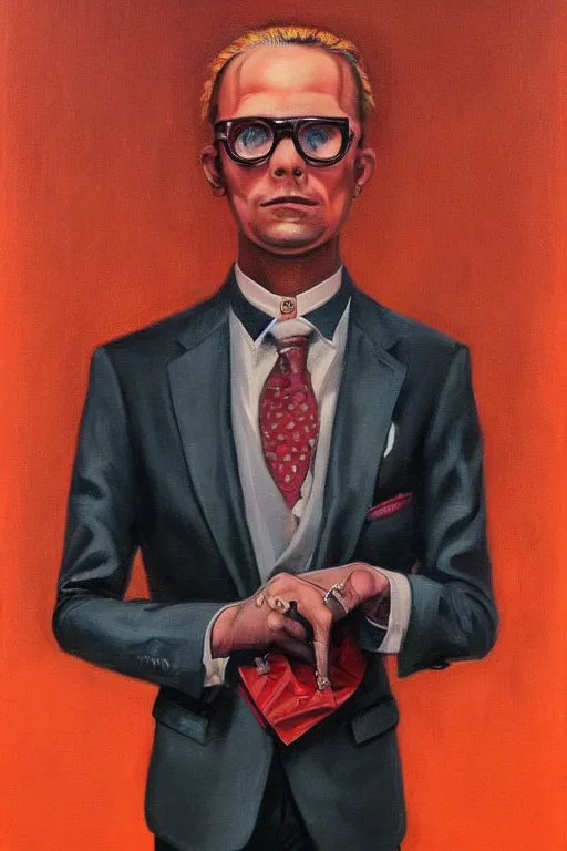 Prompt: a painting of a man wearing a suit and tie, a character portrait by Vladimir Tretchikoff, cyberpunk art by József Borsos, trending on Artstation, digital painting, digital illustration, vaporware