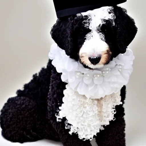 Image similar to black bernadoodle with a white chest wearing a birthday hat