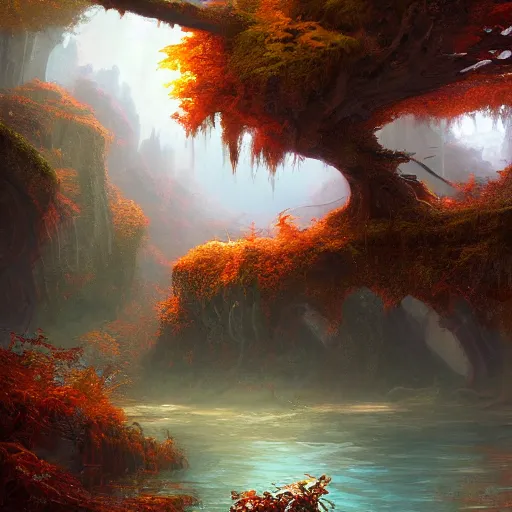 Image similar to overgrown sunken giant copper statue in the autumn forest, fantasy concept art by tyler edlin, antoine blanchard, thomas cole