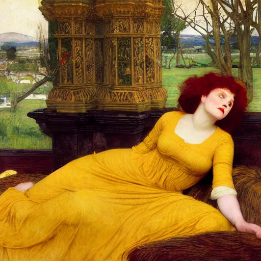 Image similar to preraphaelite photography reclining on bed, a hybrid of judy garland and lucille ball, aged 2 5, big brown fringe, yellow ochre ornate medieval dress, john william waterhouse, kilian eng, rosetti, john everett millais, william holman hunt, william morris, 4 k