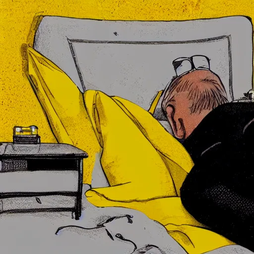 Prompt: a surveillance telephoto of Donald trumo lying on a hotel room bed, a stream of yellow liquid hits his chest