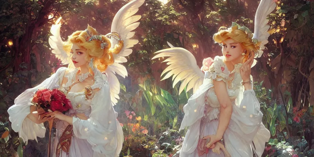 Prompt: princess peach as a beautiful angel, by Stanley Artgerm Lau , greg rutkowski, thomas kindkade, alphonse mucha, loish, norman Rockwell