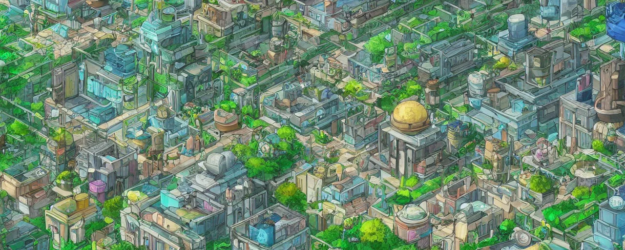 Image similar to a solarpunk city in the style of studio ghibli