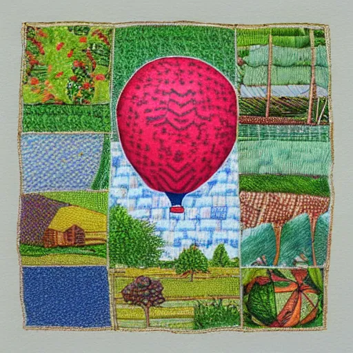 Prompt: a balloon from above, made from patchwork of several pattern cloths, over a landscape of different vegetable crops and some trees. High quality, colored pencil drawing, award winning, nostalgic