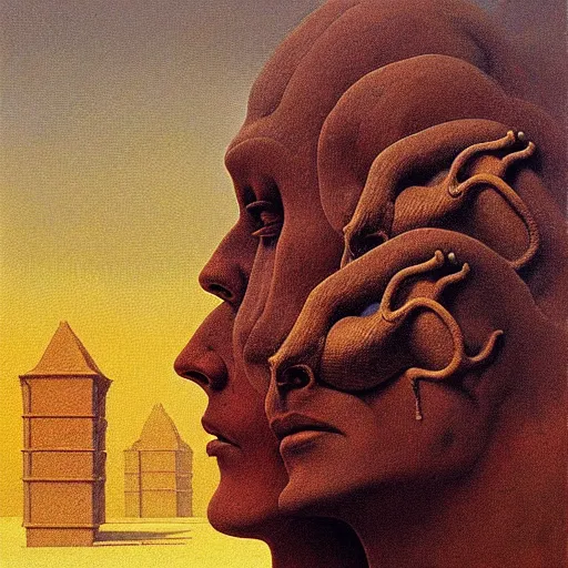 Prompt: highly detailed dystopian surreal painting of eerie head statues and buildings by zdzisław beksinski