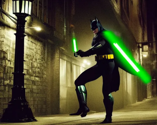 Prompt: a high definition photograph of Batman swinging a green lightsaber through a lamppost in a dark city alleyway at nighttime