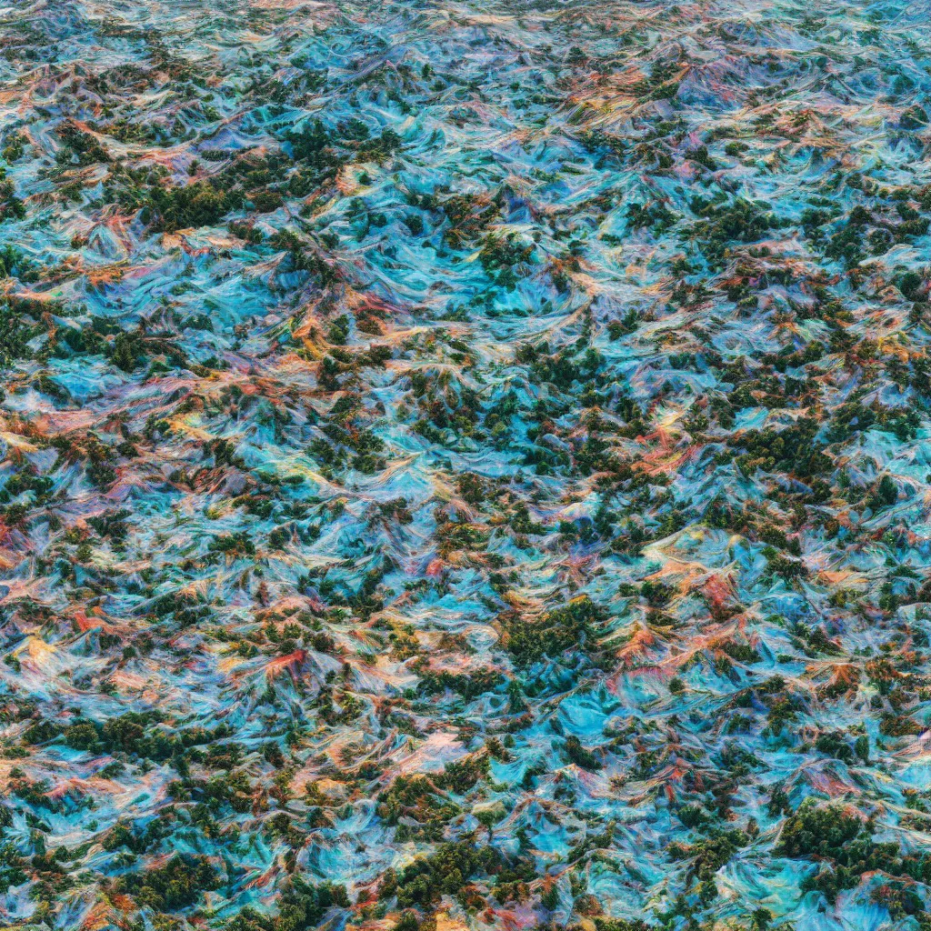 Prompt: high resolution!! aerial photography of a very ornated landscape filled with porcelain vibrant and iridescent venining, sky is not visible, 8K, octane render, sentinel, landsat, state of the art lightings, photorealistic, color scheme is random but consistent