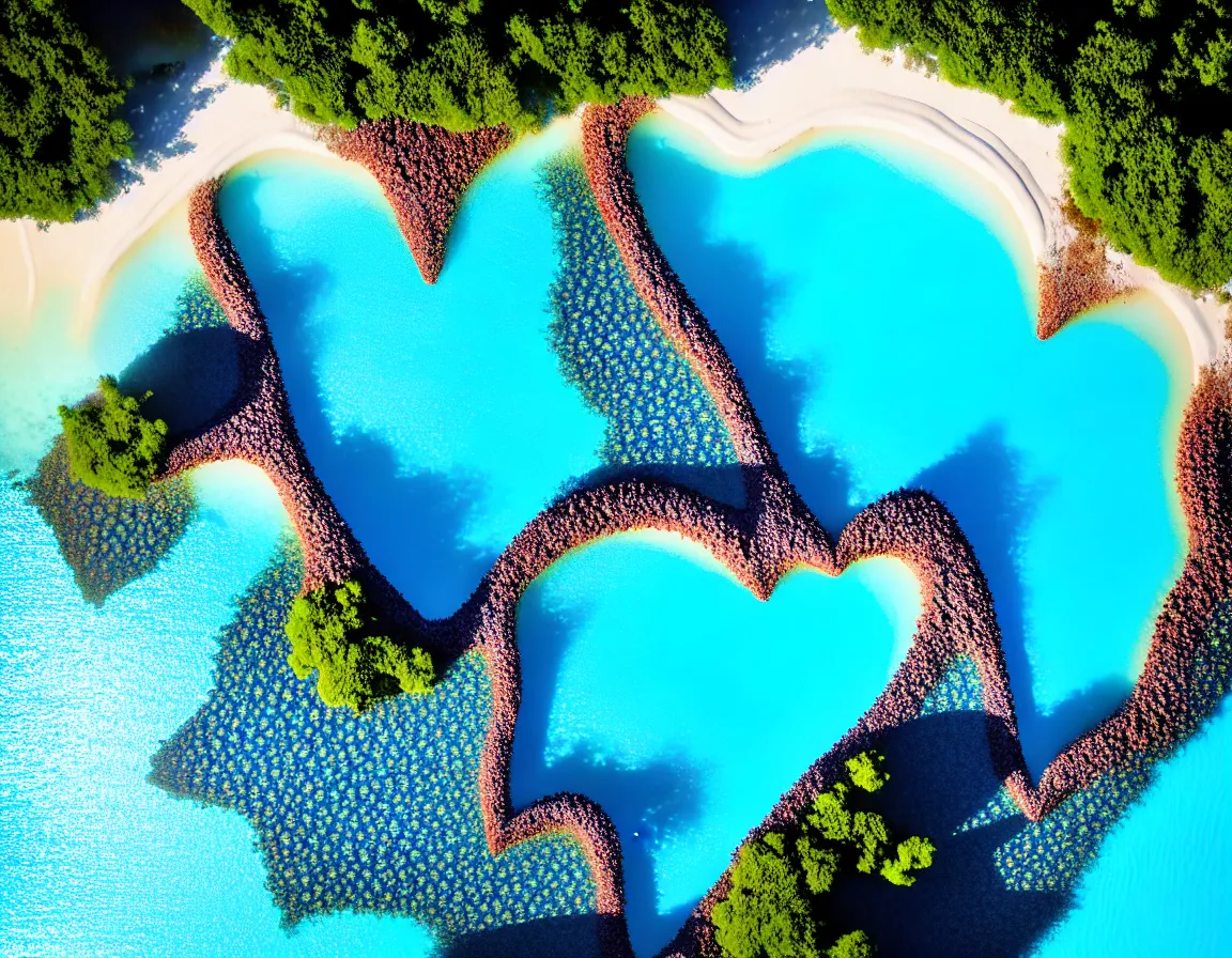 Image similar to closeup shot photo of ultra realistic blue lagoon with exotic tree heart / shaped sandy beach island, sunset lighting