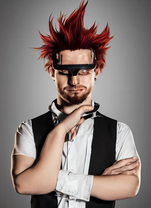 Image similar to An epic fantasy comic book style portrait painting of young man with red spiked long hair, using googles. Wearing a black waistcoat, white shirt. Fire on his hands. Unreal 5, DAZ, hyperrealistic, octane render, cosplay, RPG portrait, dynamic lighting