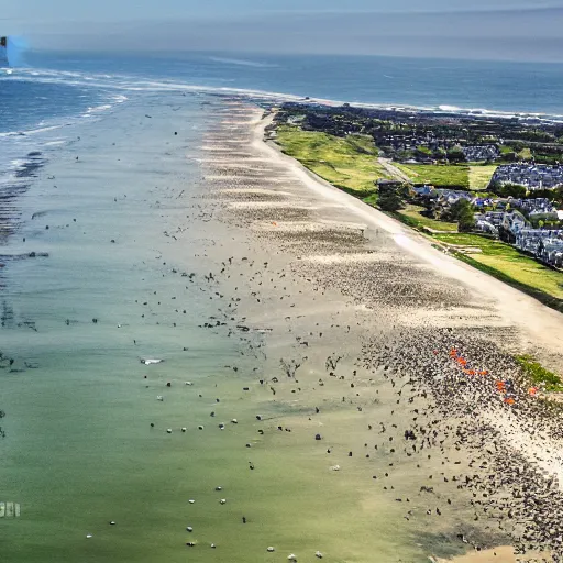 Image similar to a drone shot of Normany beach, D-Day, WW2, battle, aerial view, photograph, photorealistic, detailed, sharp image, 8k SDR, award-winning, beautiful,