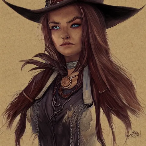 Image similar to beautiful cowboy witch, wild west, dungeons and dragons art, detailed, concept art, pencil drawing, trending on artstation