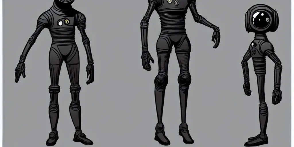 Image similar to male, fully body, elongated figure, science fiction space suit with a helmet, large shoulders, short torso, long thin legs, tiny feet, character sheet, funko, digital sketch, hyperdetailed, dieselpunk, stylized character design, concept design, in the style of mike mignola