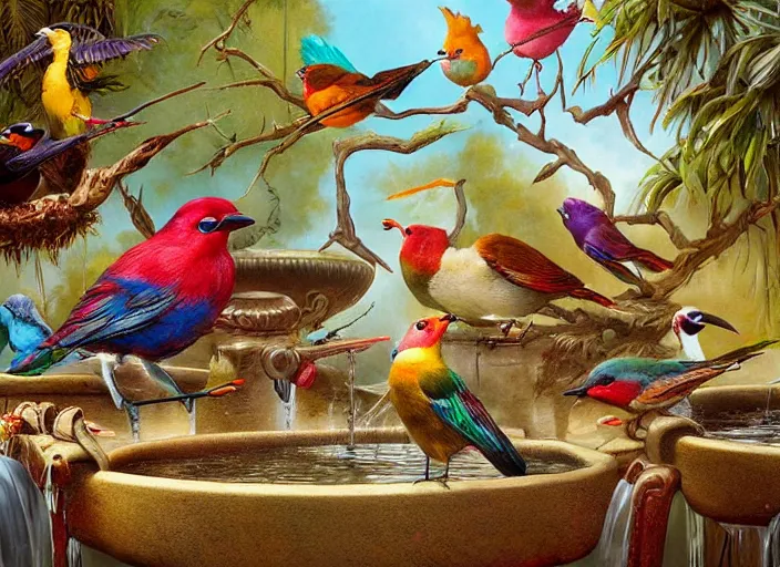 Image similar to colorful birds at the bird bath, lowbrow, matte painting, 3 - d highly detailed, style of greg simkins r,