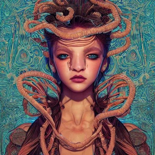 Image similar to the portrait of an incredibly beautiful woman partially made of onion rings, an ultrafine detailed illustration by james jean, final fantasy, intricate linework, bright colors, behance contest winner, vanitas, angular, altermodern, unreal engine 5 highly rendered, global illumination, radiant light, detailed and intricate environment