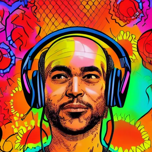 Prompt: artgerm, psychedelic ben harper, rocking out, headphones dj rave, digital artwork, r. crumb, svg vector