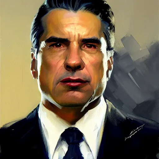 Image similar to Greg Manchess portrait painting of a medium athletic built business tycoon 50 year old caucasian character, soul patch, slick hair, sinister, medium shot, asymmetrical, profile picture, Organic Painting, dramatic light, matte painting, bold shapes, hard edges, street art, trending on artstation, by Huang Guangjian and Gil Elvgren and Sachin Teng