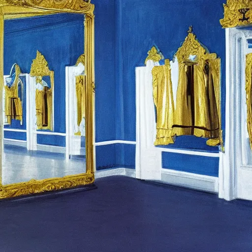 Prompt: Prince with gold clothes in a white palace by Edward hopper