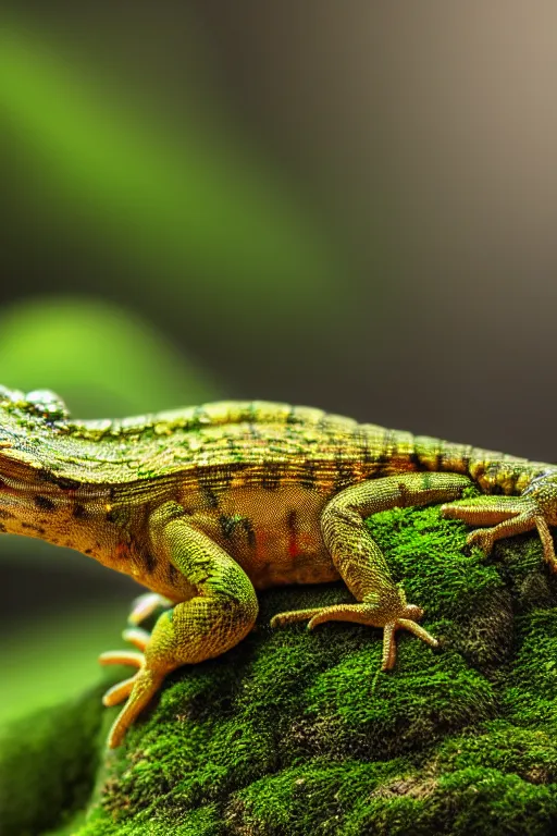 Image similar to a small photorealistic lizard on a moss covered rock, shiny scales, moss and vegetation, ancient forest, close - up, intricate details, intricately detailed textures, warm lighting, vivid colors, smoke and mist, hyper realistic octane render, volumetric shading, depth of field, raytracing, 8 k,