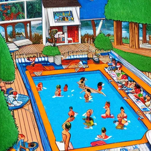 Prompt: where's waldo book page highly detailed, swimming pool setting