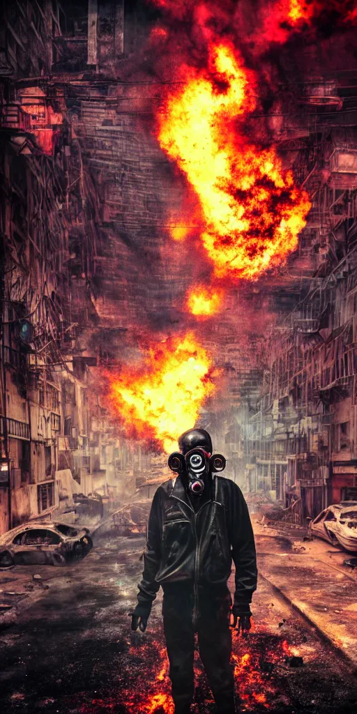 Image similar to post - apocalyptic city streets, close - up shot of an anarchist with a gasmask, burned cars, explosions, colorful smoke, hyperrealistic, gritty, damaged, dark, urban photography, photorealistic, high details