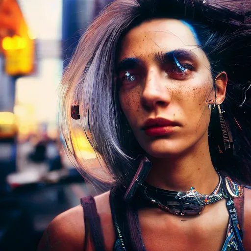 Image similar to closeup portrait of a cyberpunk princess in smoky cyberpunk new york, by Steve McCurry and David Lazar, natural light, detailed face, CANON Eos C300, ƒ1.8, 35mm, 8K, medium-format print