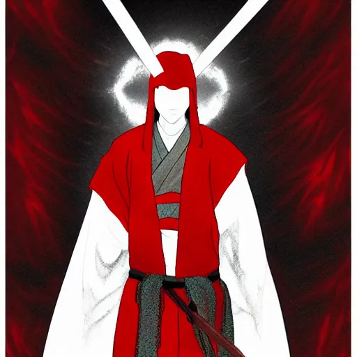 Image similar to samarai cloaked in white with swords, standing in light beam of a dark cave, ruby red sorrow, high quality, ultra detail