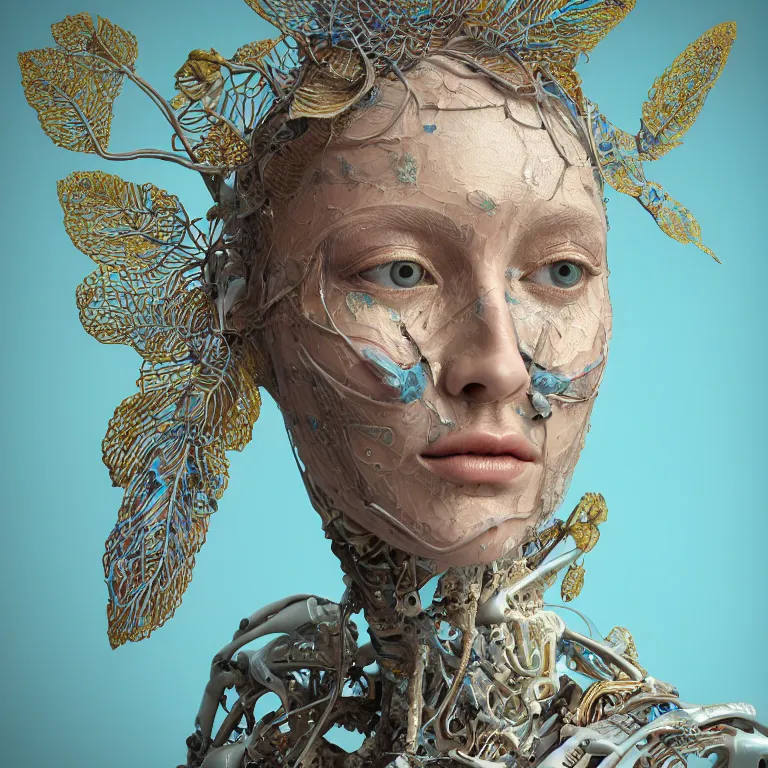 Prompt: cinema 4d colorful render, organic, ultra detailed, of a painted realistic porcelain woman's face, with textured skin and white eyes. biomechanical cyborg, analog, macro lens, beautiful natural soft rim light, big leaves, winged insects and stems, roots, fine foliage lace, turquoise gold details, Alexander Mcqueen high fashion haute couture, art nouveau fashion embroidered, intricate details, mesh wire, mandelbrot fractal, anatomical, facial muscles, cable wires, elegant, hyper realistic, in front of dark flower pattern wallpaper, ultra detailed, 8k post-production