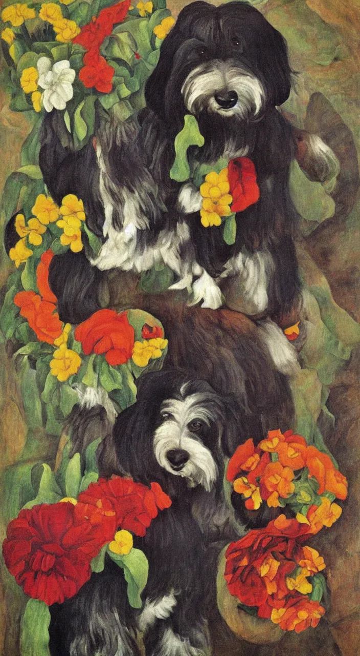 Prompt: one havanese dog, carrying flowers, mexico, painting # by diego rivera 1 9 3 5