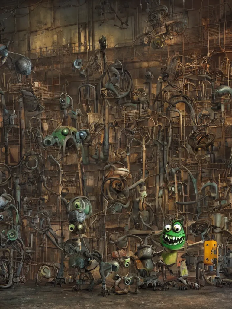 Image similar to A grungy, rusty industrial factory crammed with equipment and dimly lit with spotlights containing cute tim burton style bug-eyed smiling toothy grin monsters. highly detailed 3D rendered in pixar renderman