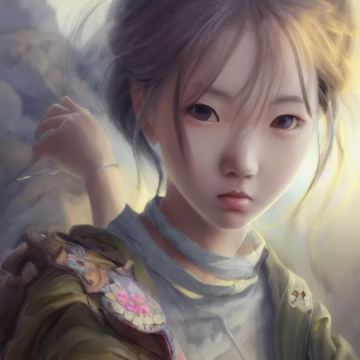 Image similar to dynamic composition, motion, ultra-detailed, incredibly detailed, a lot of details, amazing fine details and brush strokes, colorful and grayish palette, smooth, HD semirealistic anime CG concept art digital painting, watercolor oil painting of a Korean schoolgirl, by a Chinese artist at ArtStation, by Huang Guangjian, Fenghua Zhong, Ruan Jia, Xin Jin and Wei Chang. Realistic artwork of a Chinese videogame, gradients, gentle an harmonic grayish colors.