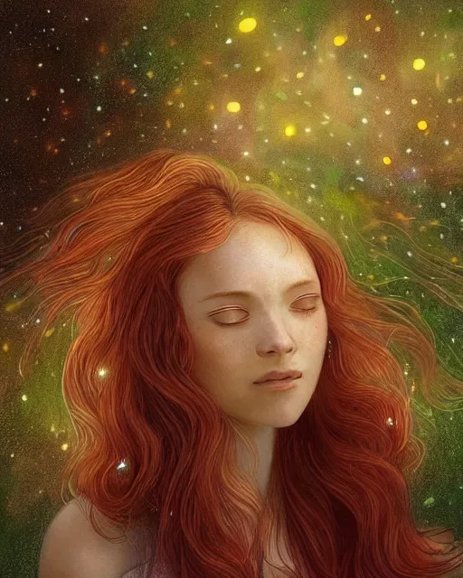 Prompt: a young woman, admiring the lights of golden fireflies, sitting in the midst of nature fully covered, long loose red hair, intricate linework, green eyes, small nose with freckles, oval shape face, soft happy smile, realistic, expressive emotions, mystical scene, hyper realistic ultrafine detailed illustration by james jean, albert bierstadt and artgerm