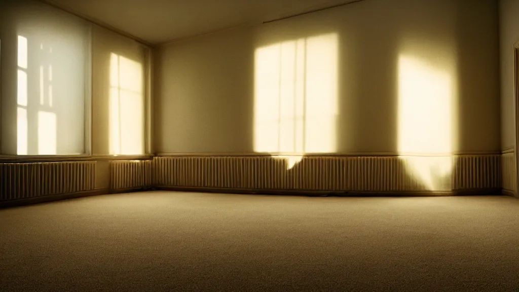 Image similar to a empty room with paintings on a wall, carpet on the floor, window with light coming through, nightstand in a corner, film still from the movie directed by Denis Villeneuve, wide lens