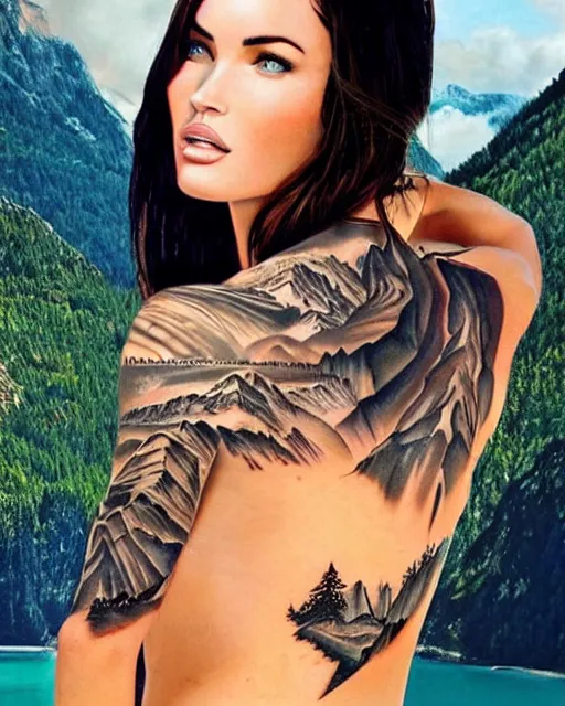 Image similar to double exposure effect tattoo design sketch of megan fox with amazing mountain scenery, realism tattoo, in the style of den yakovlev, amazing detail, sharp