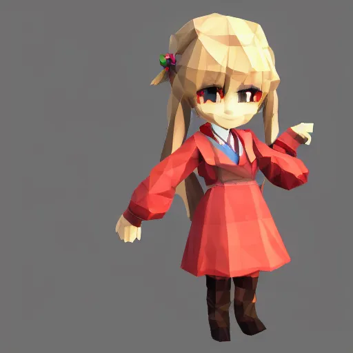 Prompt: ultra low poly modelling, walking left frame, isometric view, 1 6 bit colors, from touhou, made in rpg maker, a chibi girl, brown jacket with long sleeves, pigtails hair, volumetric lighting, fantasy, 4 k, intricate, hyper realistic, by blizzard, warcraft 3, backlit