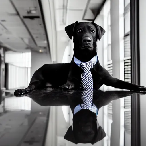 Prompt: A Black Labrador wearing a suit in a business meeting, perfect face, intricate, Sony a7R IV, symmetric balance, polarizing filter, Photolab, Lightroom, 4K, Dolby Vision, Photography Award