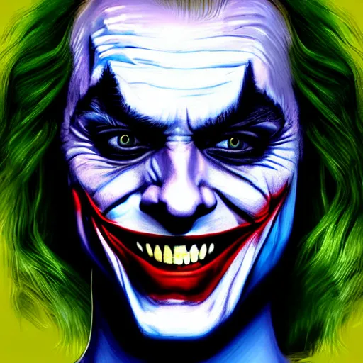 Image similar to margot robbie as the joker, highly detailed, realistic face, digital art