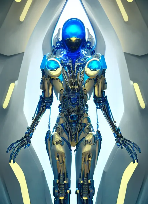 Image similar to benevolent cyborg necromancer, scifi, futurism, alien room background, white, blue, gold, highly detailed, trending on artstation, soft light, sharp edges, illustration, spiritual, technology, art by vitaly bulgarov and nivanh chanthara