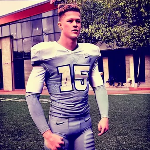 Image similar to “ a realistic detailed photo of a guy who is an attractive humanoid who is half robot and half humanoid, who is a male android, football player christian mccaffrey, shiny skin, posing like a statue, blank stare, on the field, on display ”